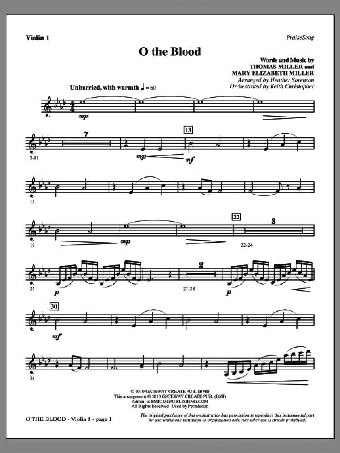 O The Blood sheet music for orchestra/band (violin 1) by Heather Sorenson, Gateway Worship and Thomas Miller, intermediate skill level