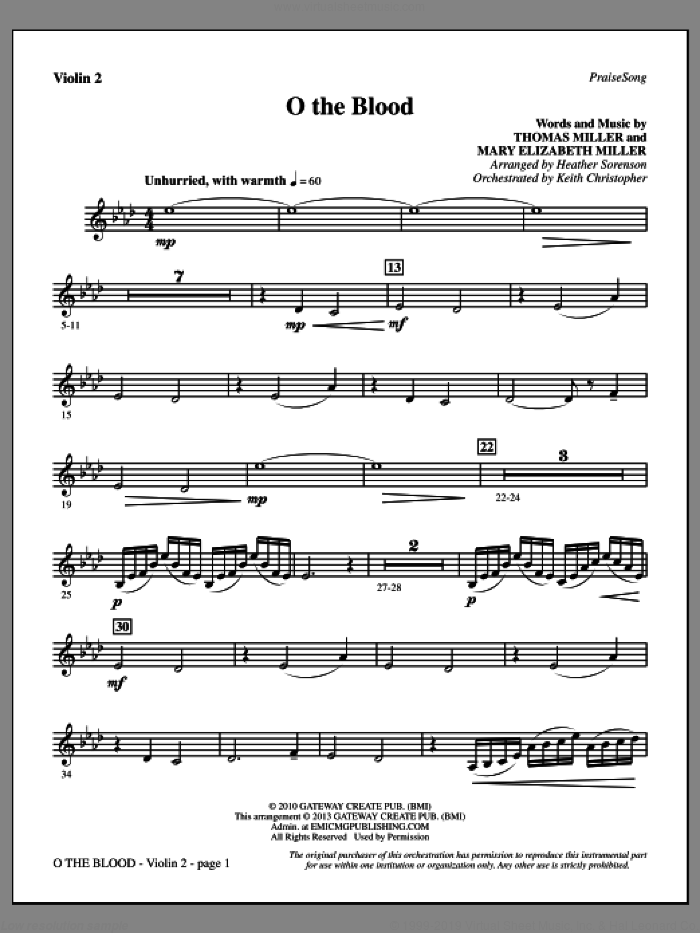 O The Blood sheet music for orchestra/band (violin 2) by Heather Sorenson, Gateway Worship and Thomas Miller, intermediate skill level