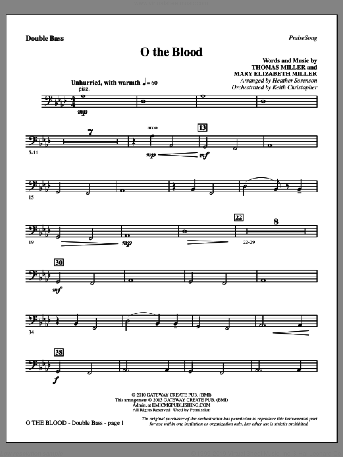 O The Blood sheet music for orchestra/band (double bass) by Heather Sorenson, Gateway Worship and Thomas Miller, intermediate skill level
