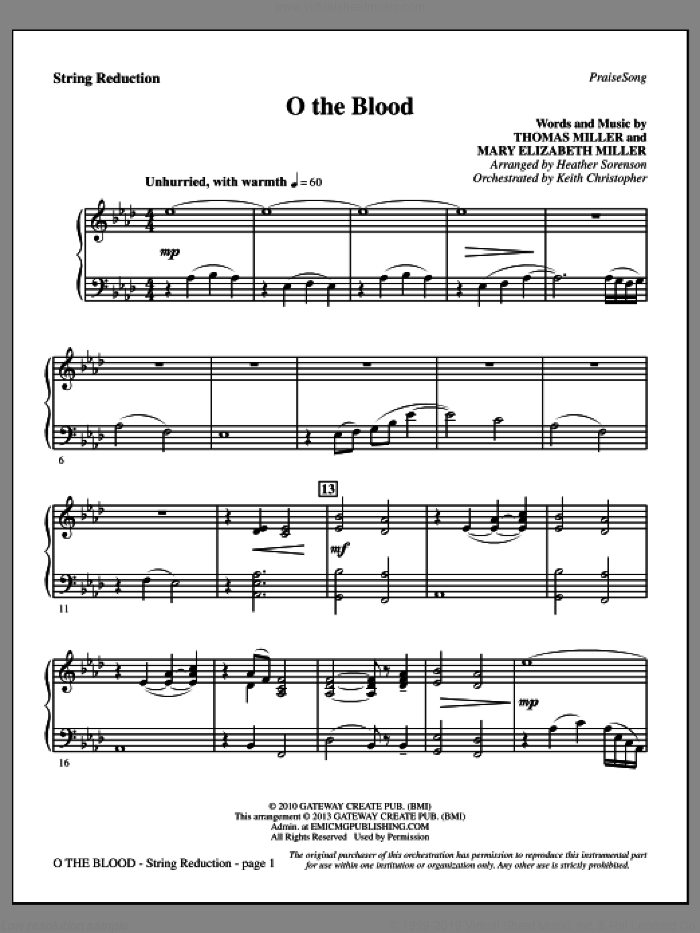 O The Blood sheet music for orchestra/band (keyboard string reduction) by Heather Sorenson, Gateway Worship and Thomas Miller, intermediate skill level