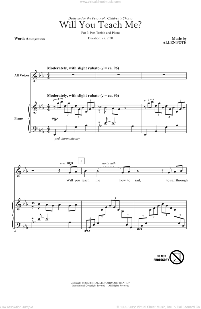 Will You Teach Me? sheet music for choir (3-Part Treble) by Allen Pote, intermediate skill level