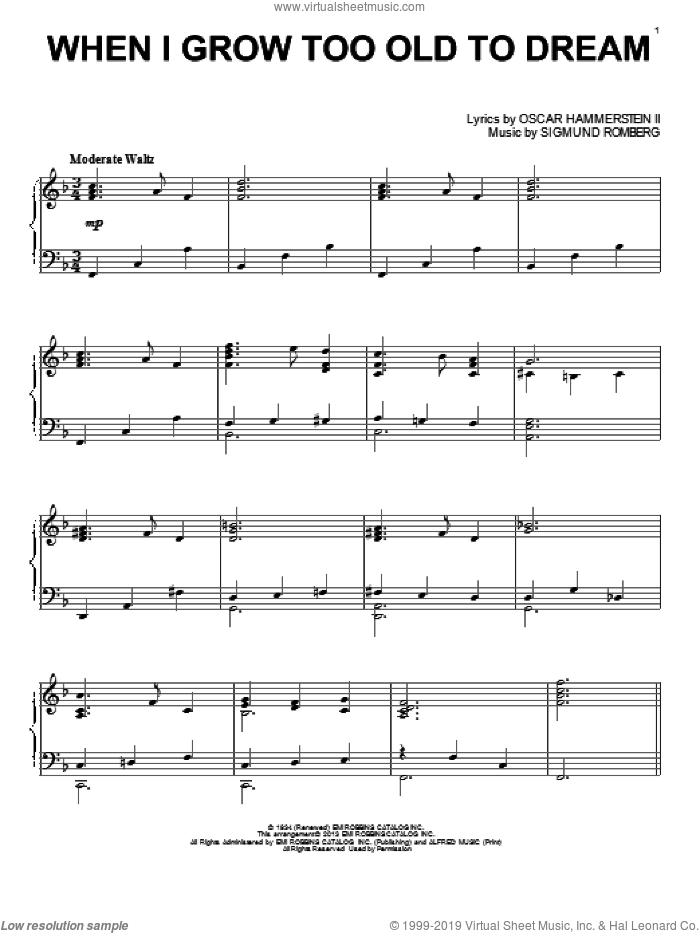 When I Grow Too Old To Dream, (intermediate) sheet music for piano solo by Sigmund Romberg and Oscar II Hammerstein, intermediate skill level
