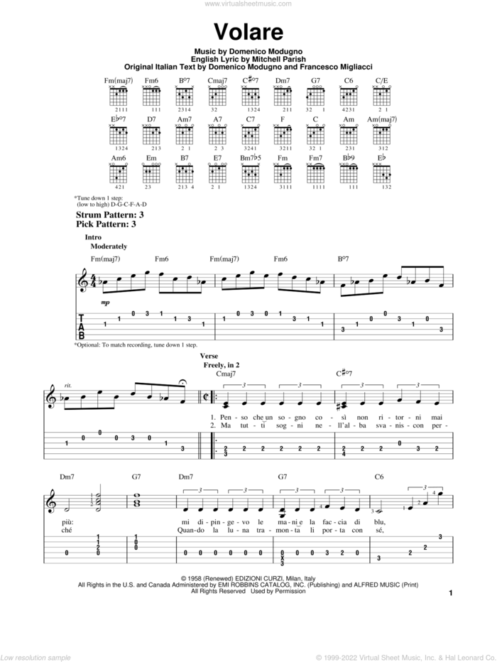 Volare sheet music for guitar solo (easy tablature) by Domenico Modugno, easy guitar (easy tablature)