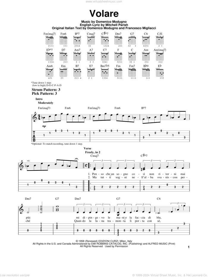 Volare sheet music for guitar solo (easy tablature) by Domenico Modugno, easy guitar (easy tablature)