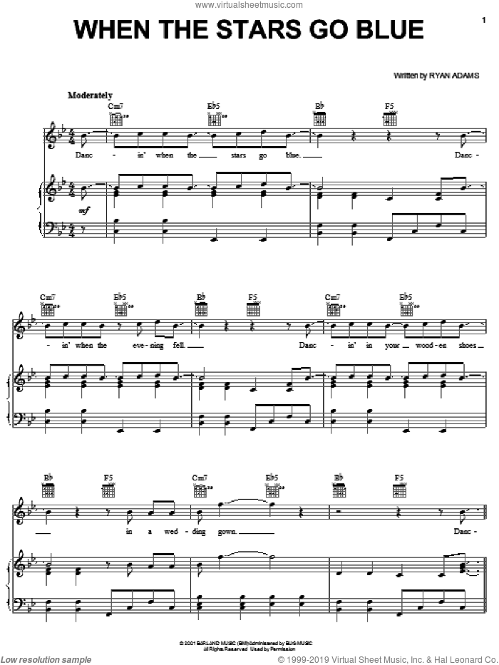 When The Stars Go Blue sheet music for voice, piano or guitar by Tim McGraw and Ryan Adams, intermediate skill level