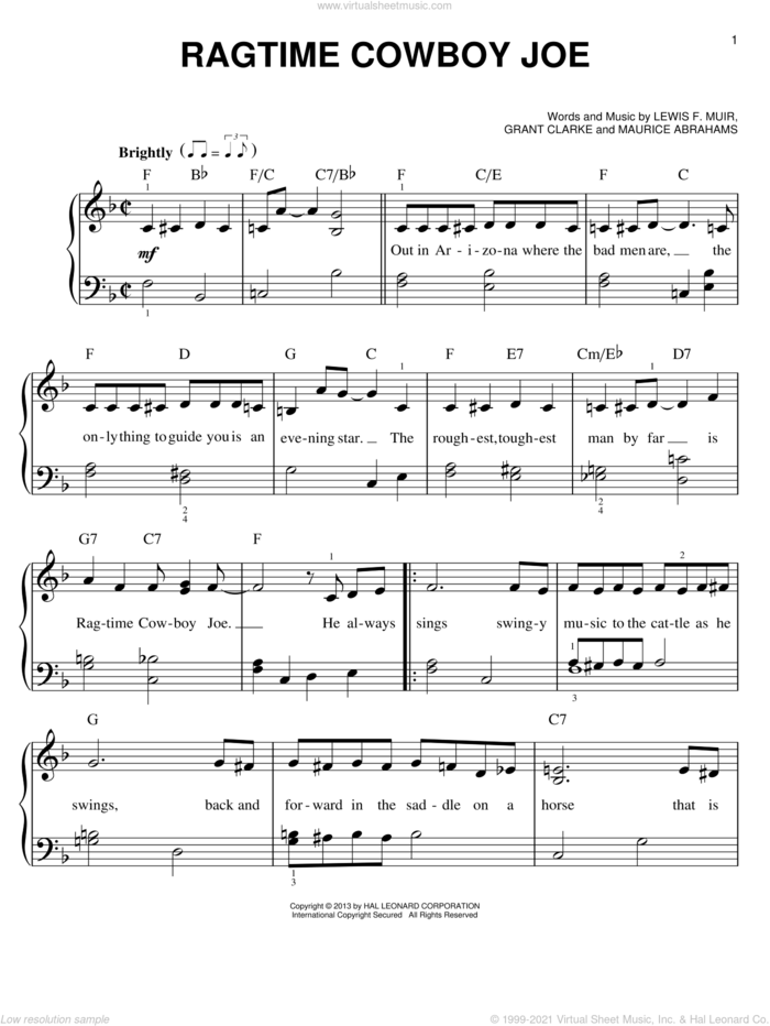 Ragtime Cowboy Joe sheet music for piano solo by Belle Baker, Grant Clarke and Lewis F. Muir, easy skill level