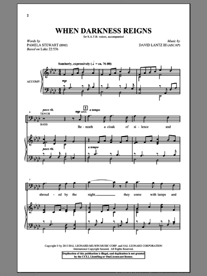 When Darkness Reigns sheet music for choir (SATB: soprano, alto, tenor, bass) by Pamela Stewart and David Lanz, intermediate skill level