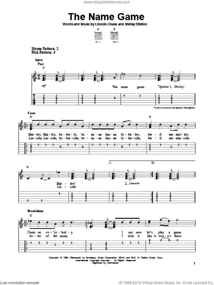 The Name Game sheet music for guitar solo (easy tablature) by Shirley Ellis, easy guitar (easy tablature)