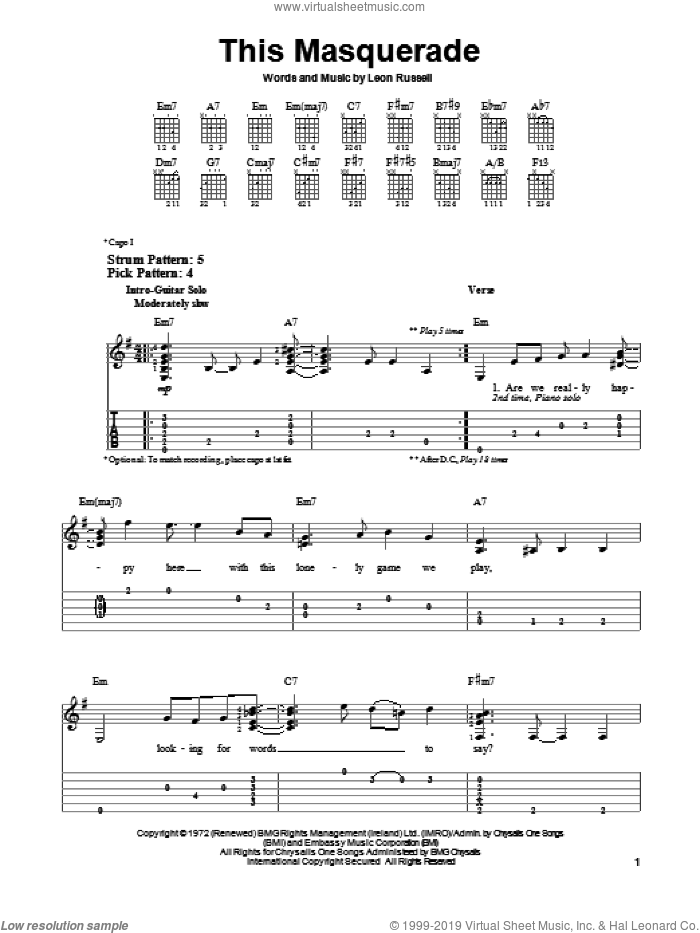 This Masquerade sheet music for guitar solo (easy tablature) by Leon Russell, easy guitar (easy tablature)
