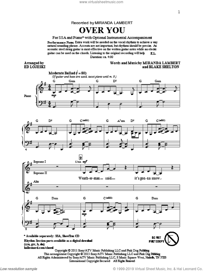 Over You sheet music for choir (SSA: soprano, alto) by Ed Lojeski and Miranda Lambert, intermediate skill level
