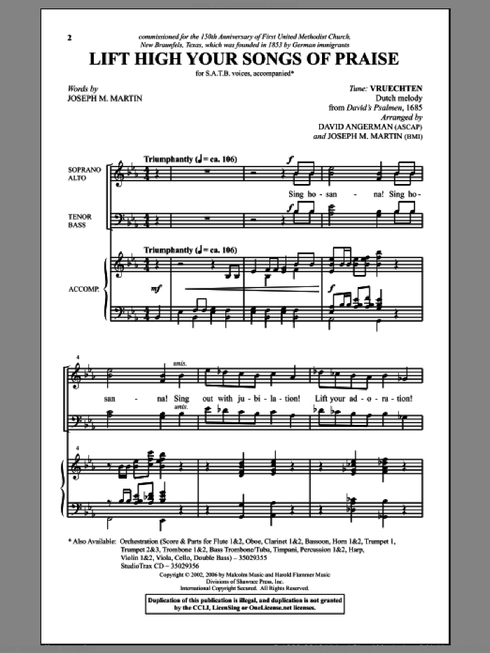 Lift High Your Songs Of Praise sheet music for choir (SATB: soprano, alto, tenor, bass) by Joseph M. Martin and David Angerman, intermediate skill level