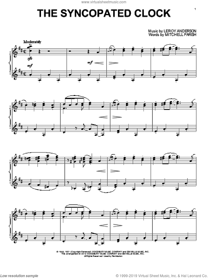 The Syncopated Clock sheet music for piano solo by LeRoy Anderson, intermediate skill level