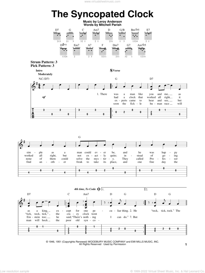 The Syncopated Clock sheet music for guitar solo (easy tablature) by LeRoy Anderson, easy guitar (easy tablature)