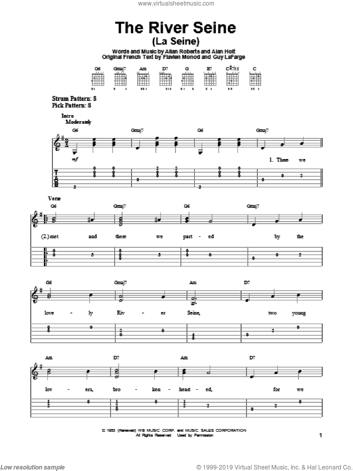 The River Seine (La Seine) sheet music for guitar solo (easy tablature) by Allan Roberts, easy guitar (easy tablature)