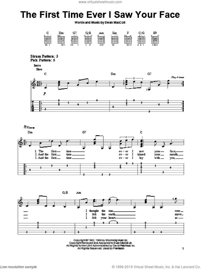 The First Time Ever I Saw Your Face sheet music for guitar solo (easy tablature) by Roberta Flack, wedding score, easy guitar (easy tablature)