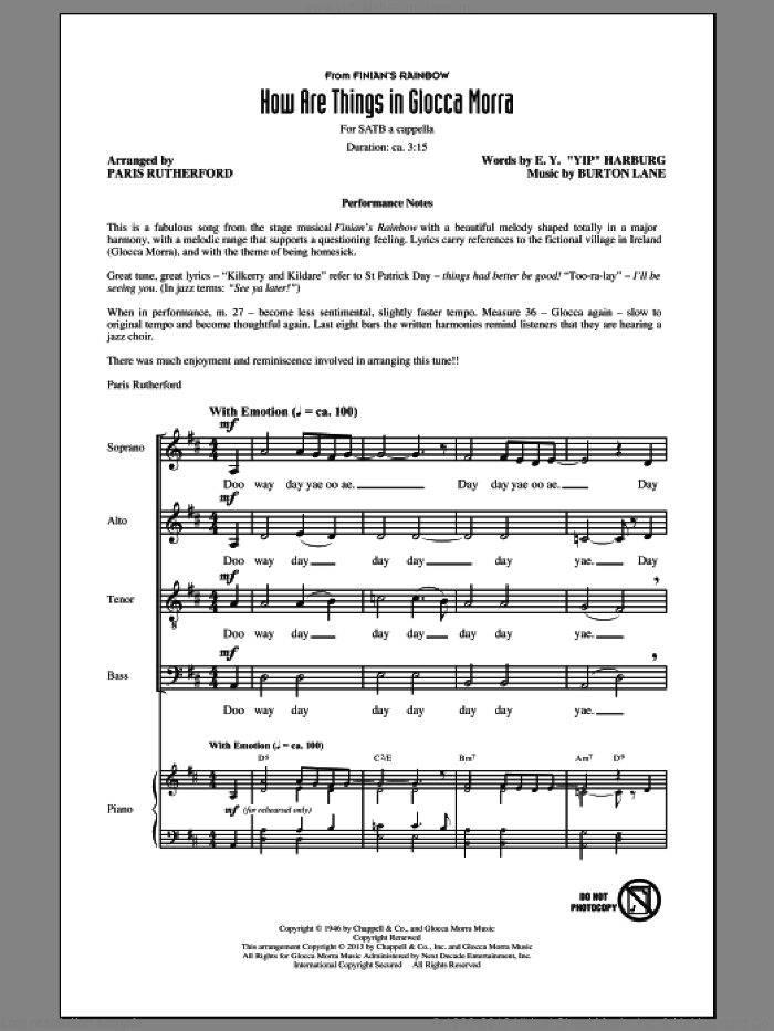 How Are Things In Glocca Morra sheet music for choir (SATB: soprano, alto, tenor, bass) by E.Y. Harburg, Burton Lane and Paris Rutherford, intermediate skill level