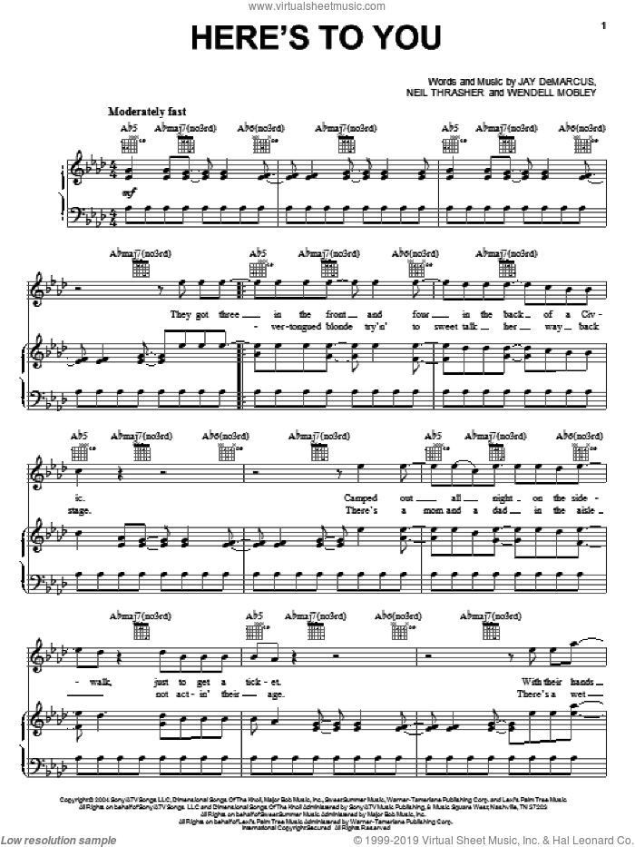 Here's To You sheet music for voice, piano or guitar by Rascal Flatts, Jay DeMarcus, Neil Thrasher and Wendell Mobley, intermediate skill level