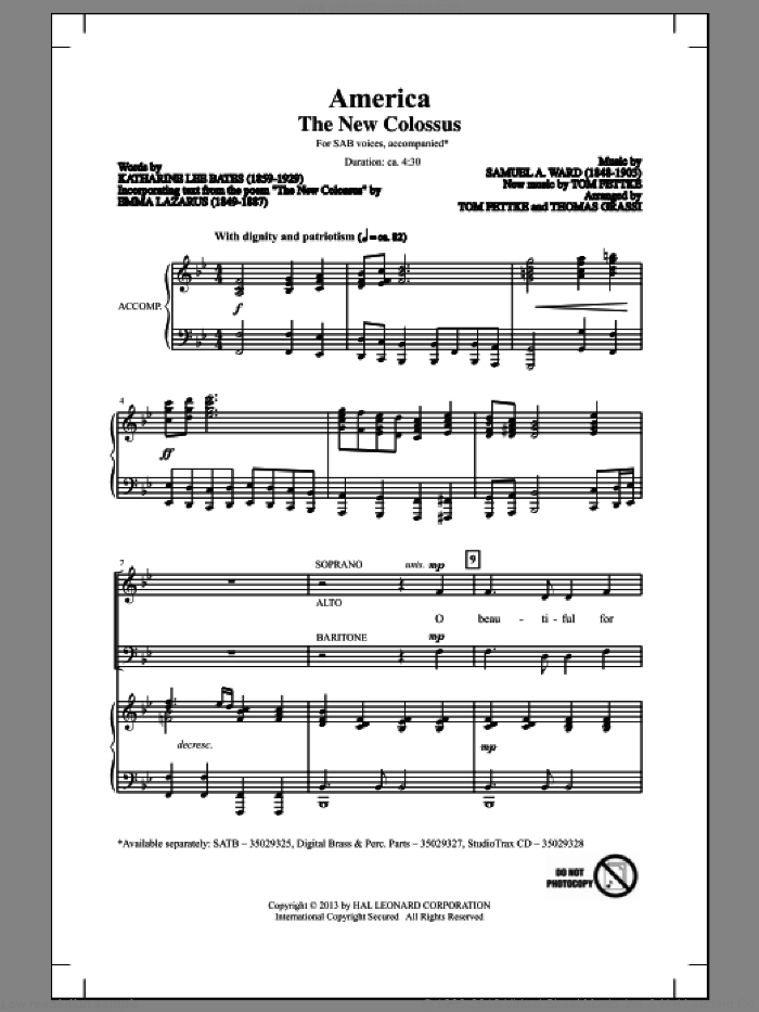 America (The New Colossus) sheet music for choir (SAB: soprano, alto, bass) by Tom Fettke and Thomas Grassi, intermediate skill level