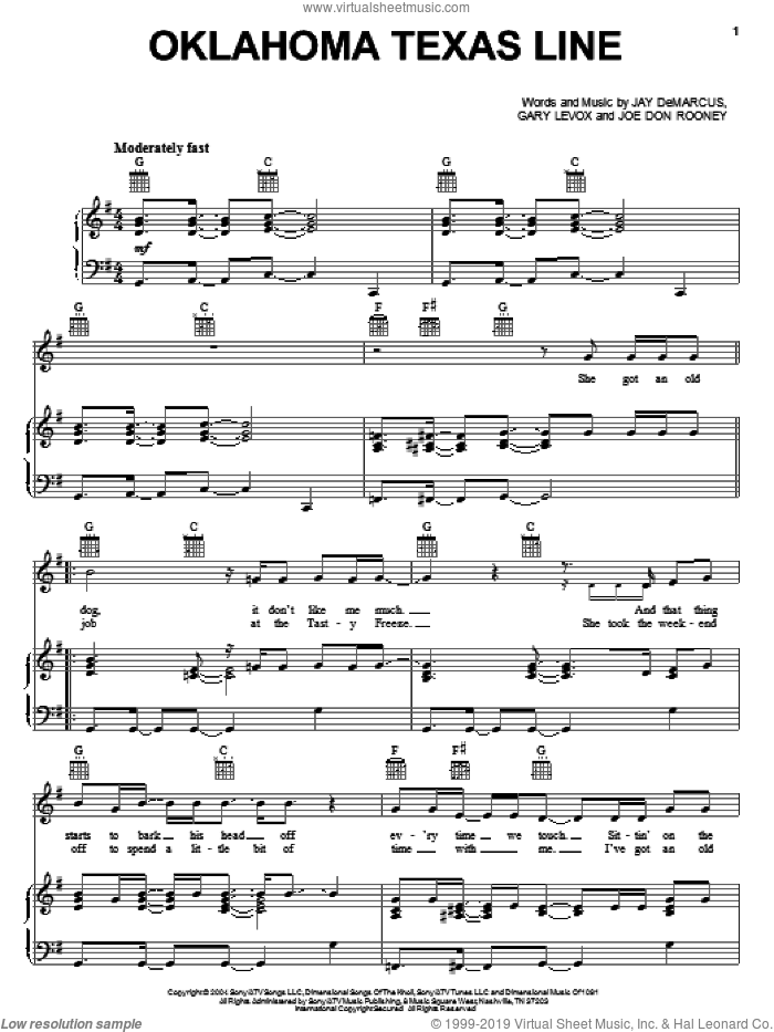 Oklahoma Texas Line sheet music for voice, piano or guitar by Rascal Flatts, Gary Levox, Jay DeMarcus and Joe Don Rooney, intermediate skill level