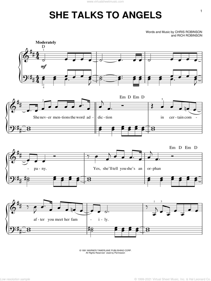 She Talks To Angels sheet music for piano solo by The Black Crowes, easy skill level