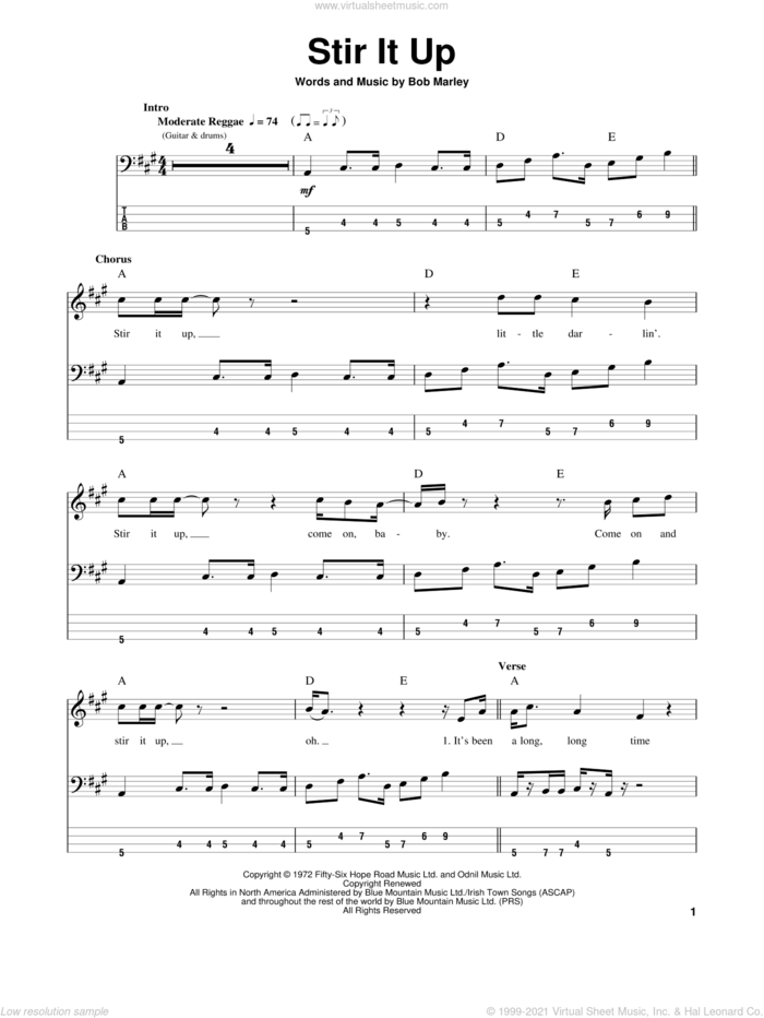 Stir It Up sheet music for bass (tablature) (bass guitar) by Bob Marley, intermediate skill level