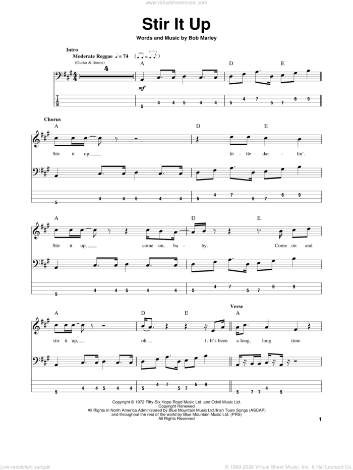 Stir It Up sheet music for bass (tablature) (bass guitar) by Bob Marley, intermediate skill level