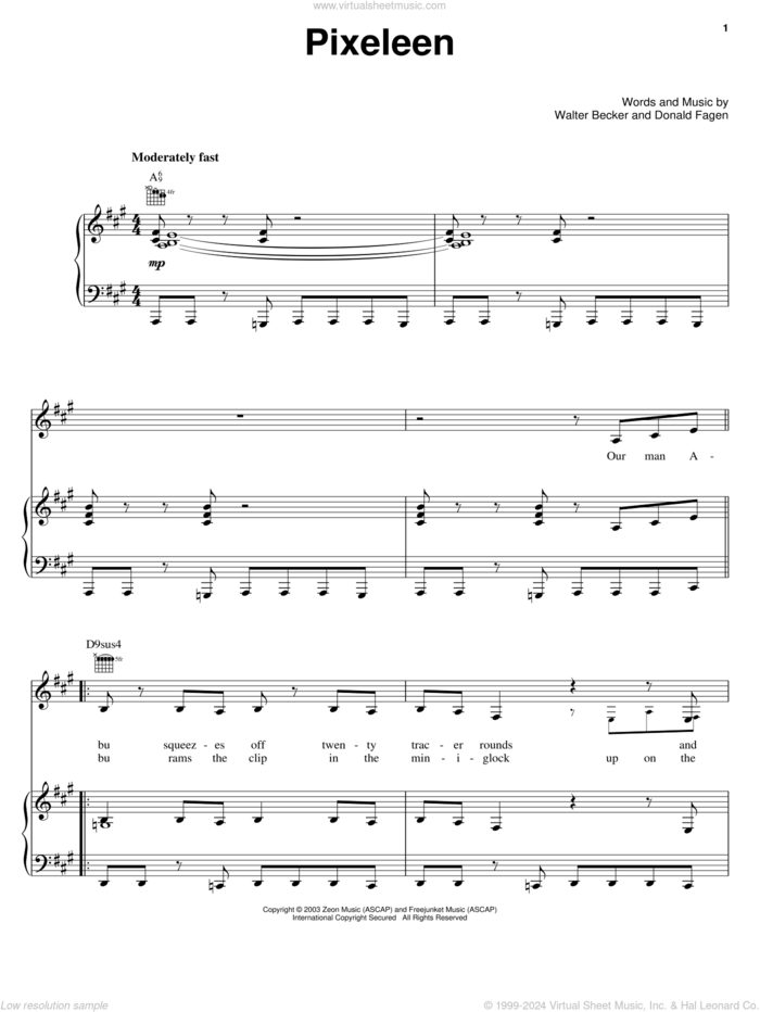 Pixeleen sheet music for voice, piano or guitar by Steely Dan, Donald Fagen and Walter Becker, intermediate skill level