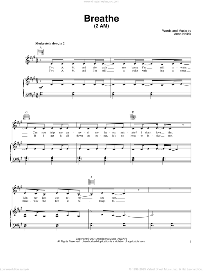 Breathe (2 AM) sheet music for voice, piano or guitar by Anna Nalick, intermediate skill level