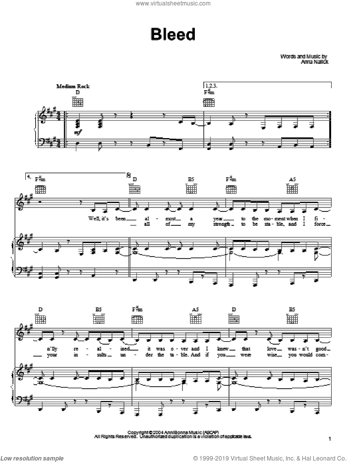 Bleed sheet music for voice, piano or guitar by Anna Nalick, intermediate skill level