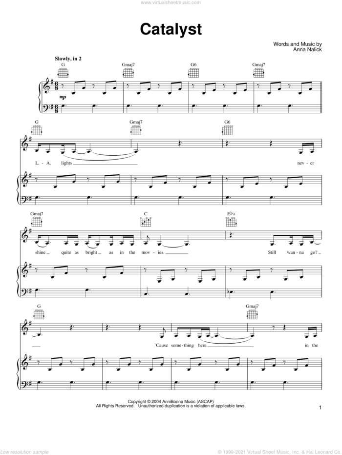 Catalyst sheet music for voice, piano or guitar by Anna Nalick, intermediate skill level