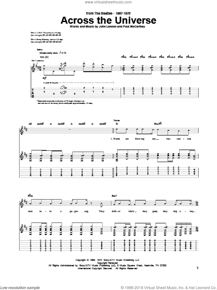 Across The Universe sheet music for guitar (tablature) by The Beatles, John Lennon and Paul McCartney, intermediate skill level