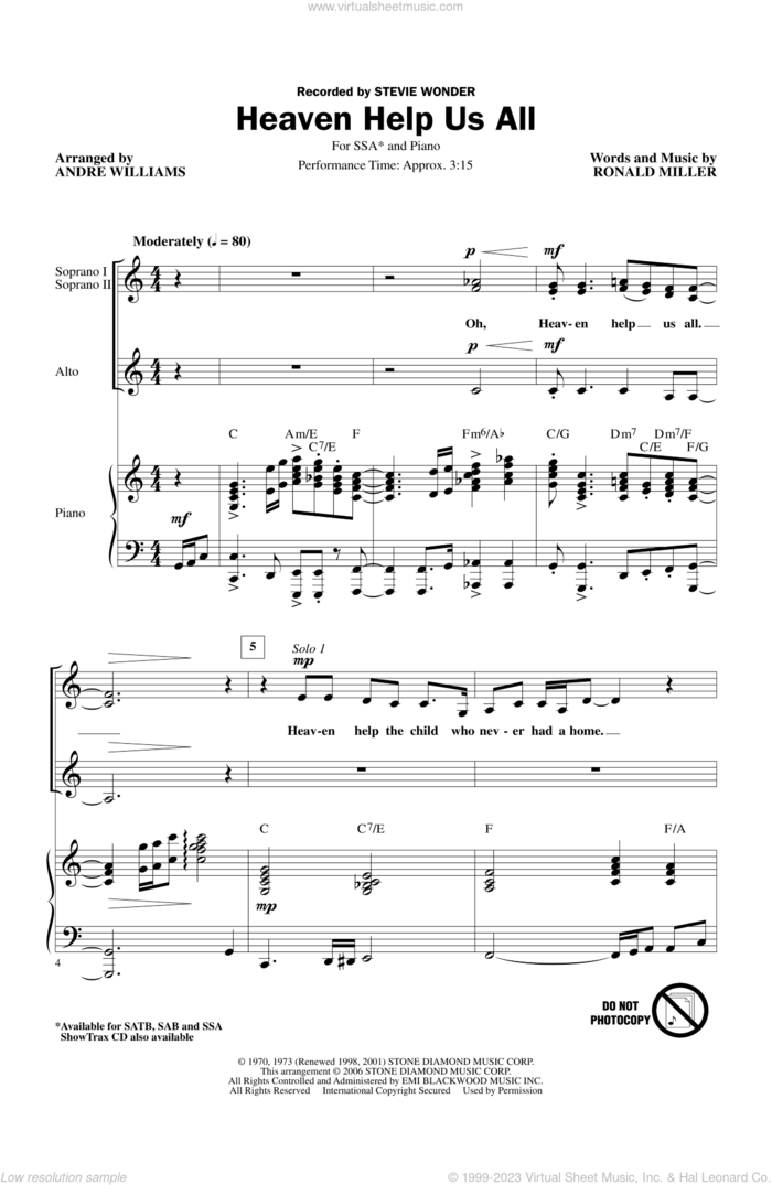 Heaven Help Us All sheet music for choir (SSA: soprano, alto) by Stevie Wonder and Andre Williams, intermediate skill level
