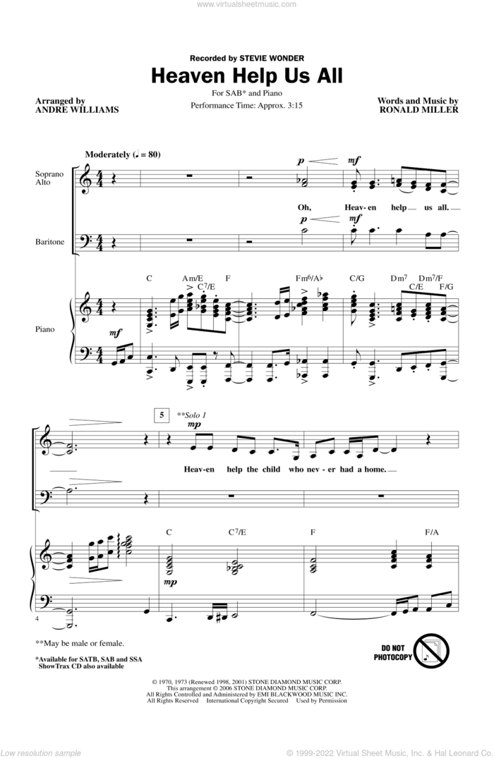 Heaven Help Us All sheet music for choir (SAB: soprano, alto, bass) by Stevie Wonder and Andre Williams, intermediate skill level