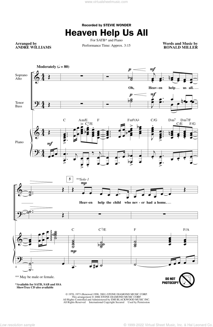 Heaven Help Us All sheet music for choir (SATB: soprano, alto, tenor, bass) by Stevie Wonder and Andre Williams, intermediate skill level