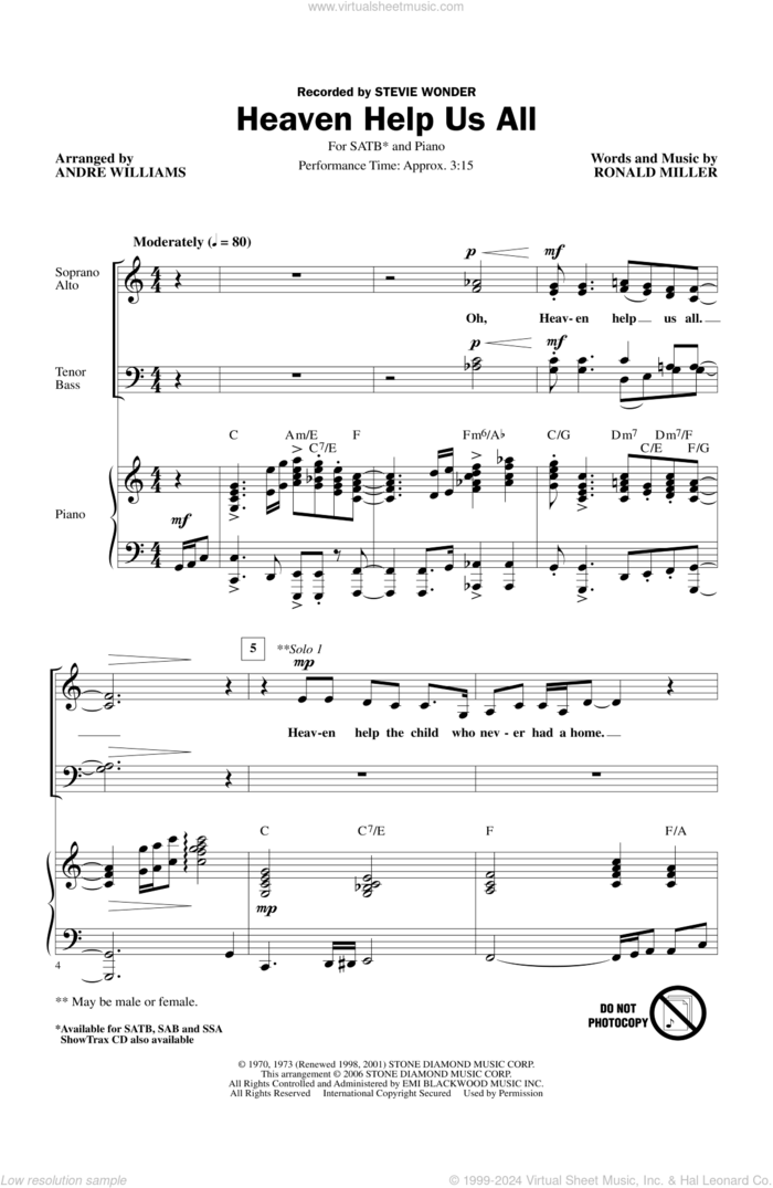 Heaven Help Us All sheet music for choir (SATB: soprano, alto, tenor, bass) by Stevie Wonder and Andre Williams, intermediate skill level