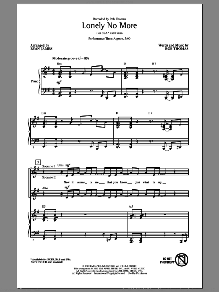Lonely No More sheet music for choir (SSA: soprano, alto) by Rob Thomas and Ryan James, intermediate skill level