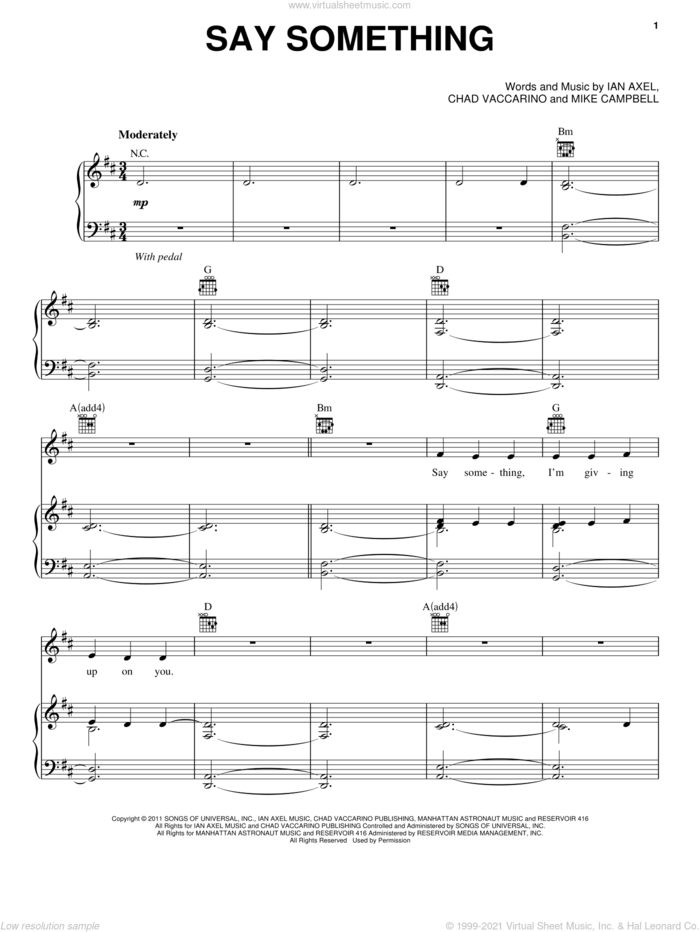Say Something sheet music for voice, piano or guitar by A Great Big World and Christina Aguilera, A Great Big World, Chad Vaccarino, Christina Aguilera and Ian Axel, intermediate skill level