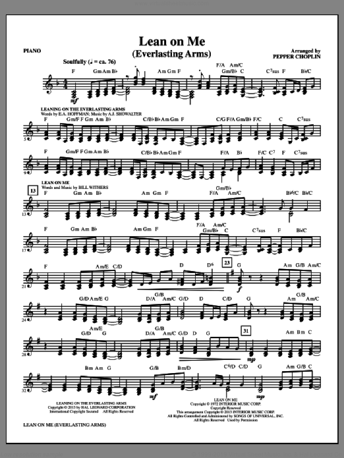 Lean on Me (Everlasting Arms) sheet music for orchestra/band (piano) by Bill Withers and Pepper Choplin, intermediate skill level