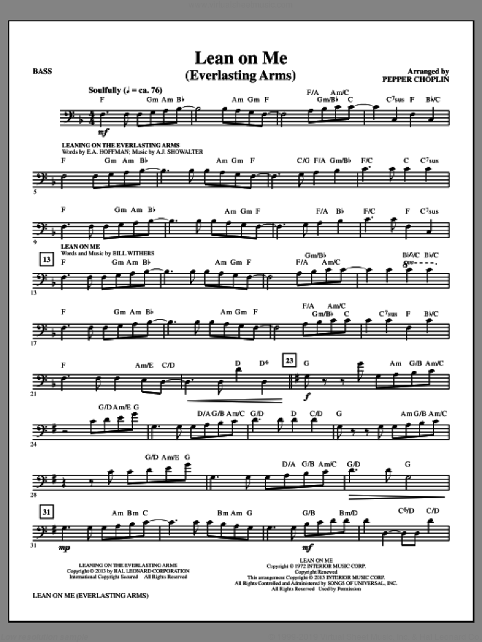 Lean on Me (Everlasting Arms) sheet music for orchestra/band (bass) by Bill Withers and Pepper Choplin, intermediate skill level