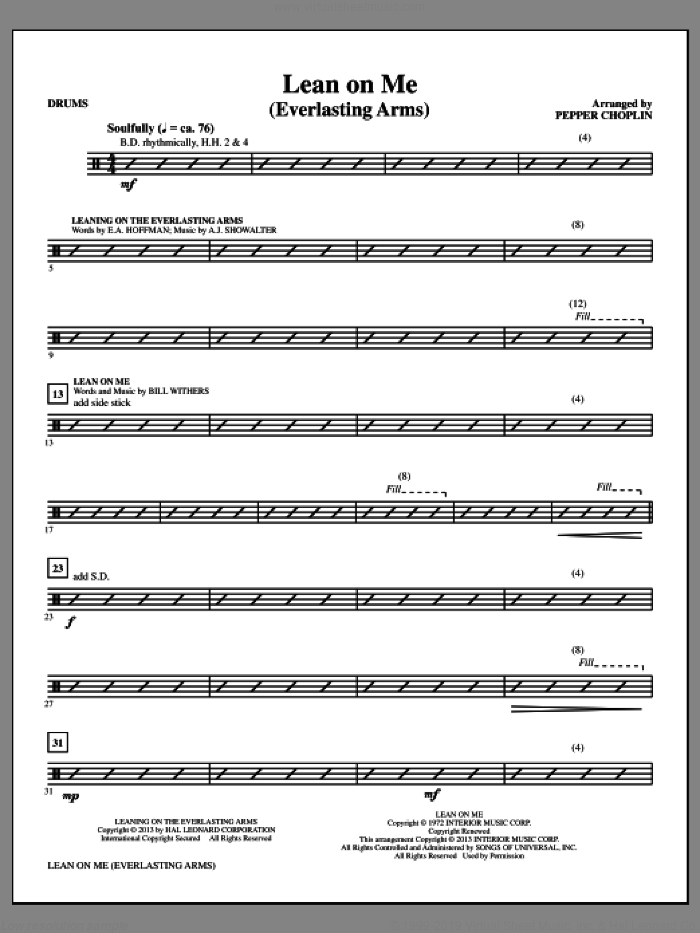 Lean on Me (Everlasting Arms) sheet music for orchestra/band (drums) by Bill Withers and Pepper Choplin, intermediate skill level