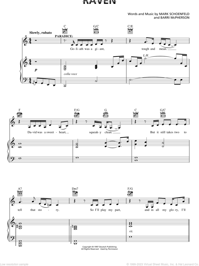 Raven sheet music for voice, piano or guitar by Brooklyn The Musical, Barri McPherson and Mark Schoenfeld, intermediate skill level