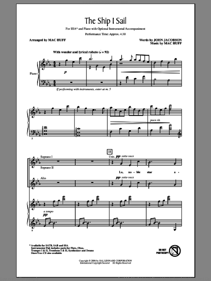 The Ship I Sail sheet music for choir (SSA: soprano, alto) by Mac Huff and John Jacobson, intermediate skill level