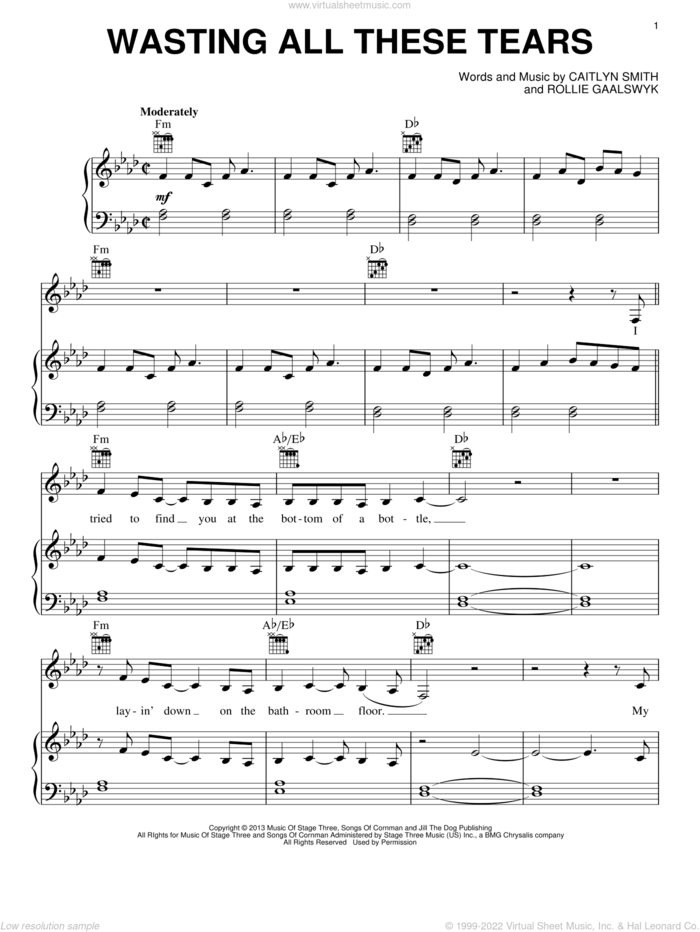 Wasting All These Tears sheet music for voice, piano or guitar by Cassadee Pope, intermediate skill level