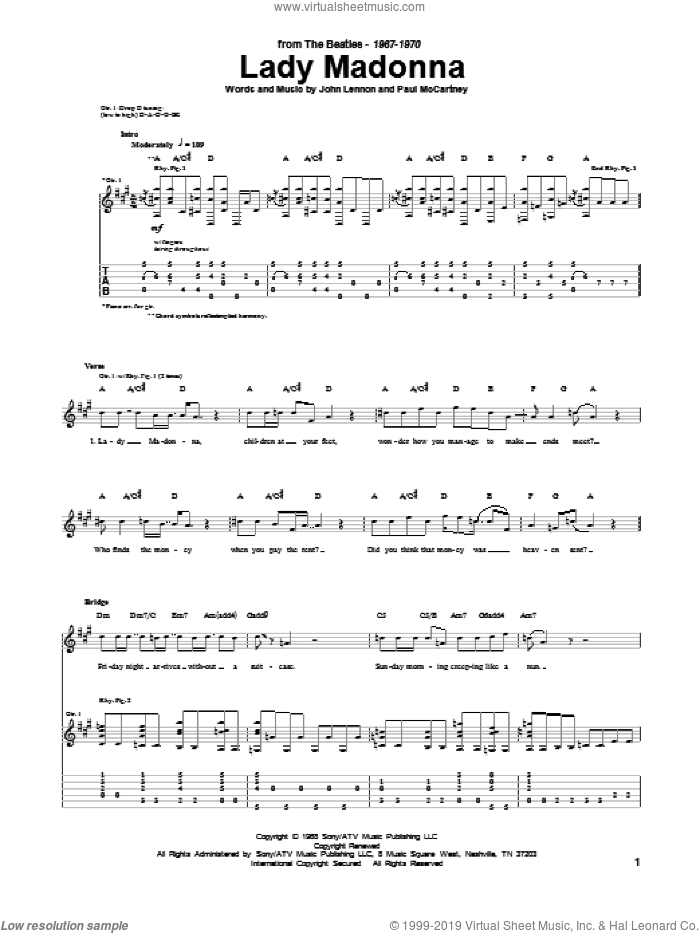 Lady Madonna sheet music for guitar (tablature) by The Beatles, John Lennon and Paul McCartney, intermediate skill level