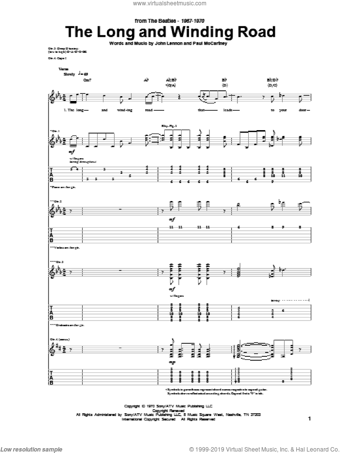 The Long And Winding Road sheet music for guitar (tablature) by The Beatles, John Lennon and Paul McCartney, intermediate skill level