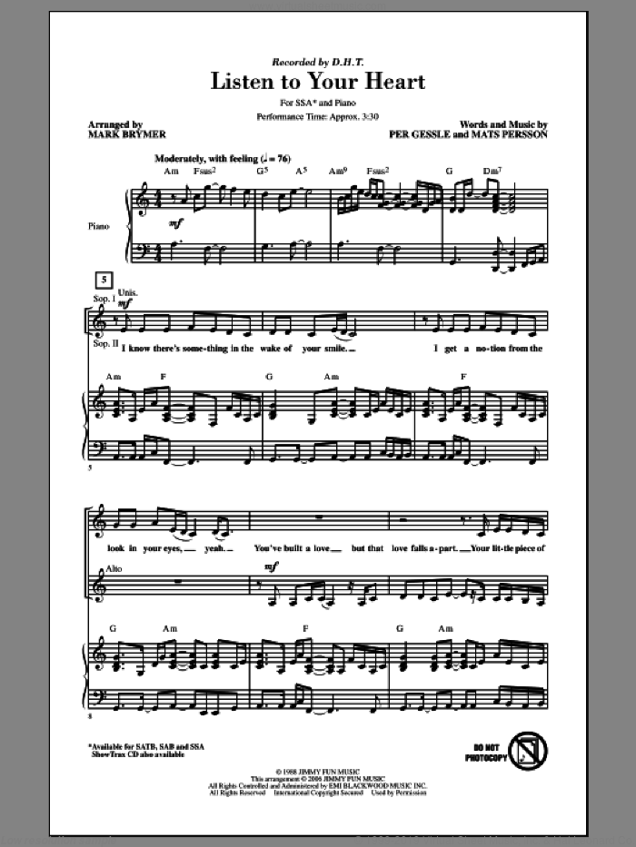 Listen To Your Heart sheet music for choir (SSA: soprano, alto) by Mark Brymer, intermediate skill level