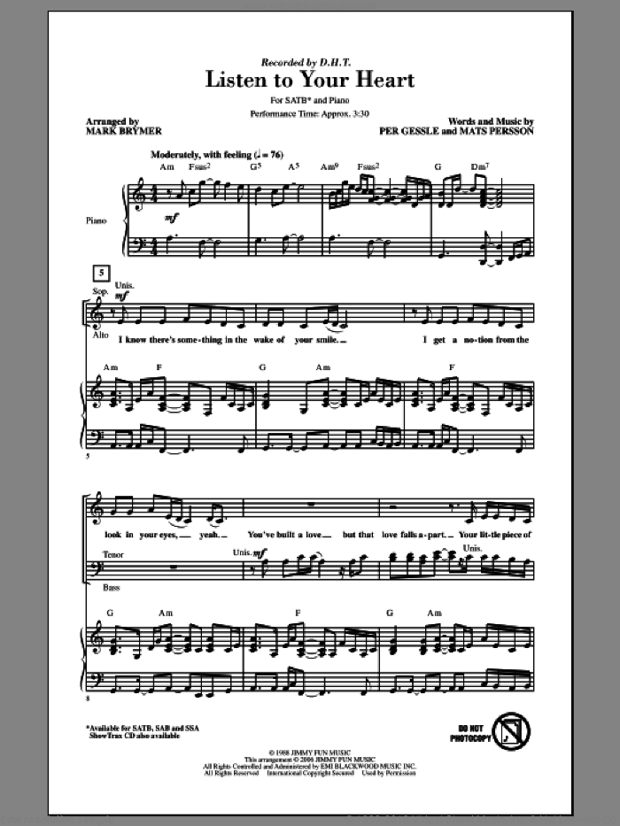 Listen To Your Heart sheet music for choir (SATB: soprano, alto, tenor, bass) by Mark Brymer, intermediate skill level