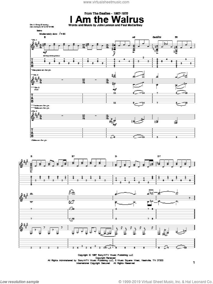 I Am The Walrus sheet music for guitar (tablature) by The Beatles and Paul McCartney, intermediate skill level