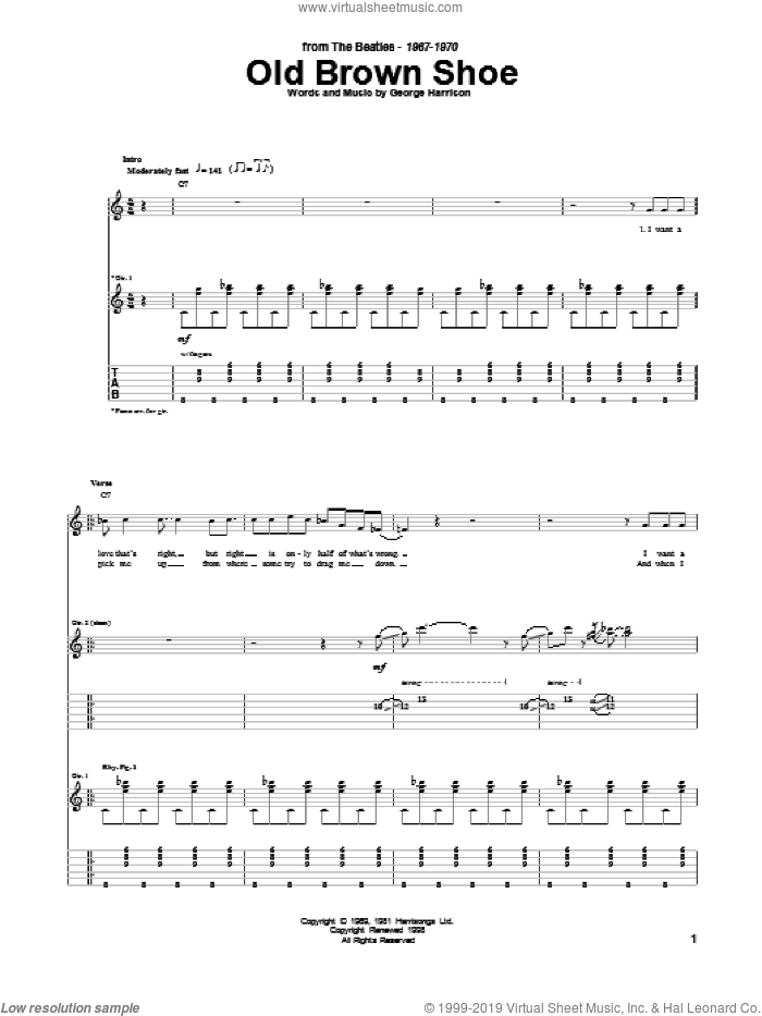 Old Brown Shoe sheet music for guitar (tablature) by The Beatles and George Harrison, intermediate skill level