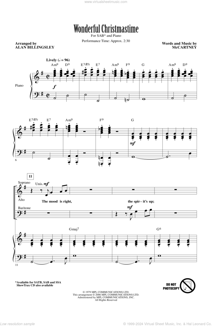 Wonderful Christmastime (arr. Alan Billingsley) sheet music for choir (SAB: soprano, alto, bass) by Paul McCartney and Alan Billingsley, intermediate skill level